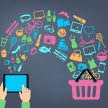 Shopping background concept with icons. shopping online, using a Shopping background concept with icons. shopping online, using a PC, tablet or a smartphone. Can be used to illustrate mobile communication topics or consumerism.